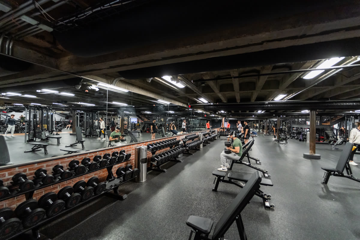 Members training on the free weights floor at QNTM Fit Life, with a long dumbbell rack and mirror wall